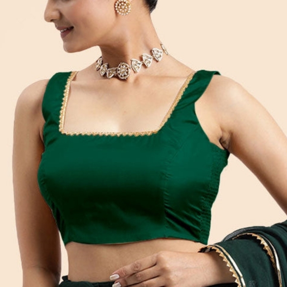 Binks Beautiful Green Sleeveless FlexiFit Saree Blouse With Gold Embellishments
